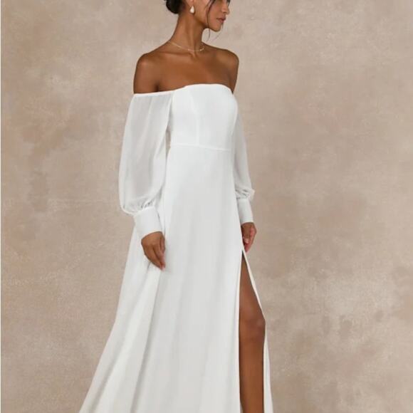 Lulus Wm's Feel the Romance White Off-the-Shoulder Chiffon Maxi Dress Sz L #613 - Picture 3 of 8